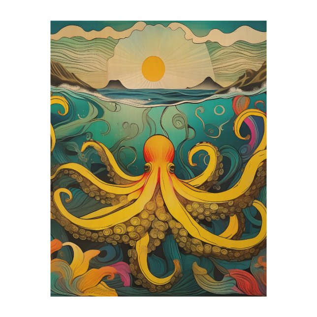 Yellow Octopus Wood Wall Art (Front)