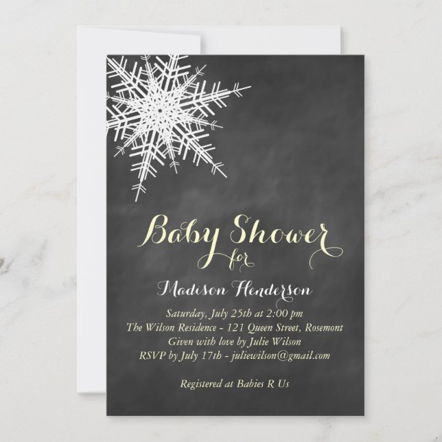 Yellow Offset Snowflake Baby Shower Chalk Invite (Front)