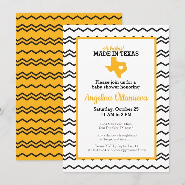 Yellow Oh Baby! Chevron Made in Texas Shower Invitation (Front/Back)