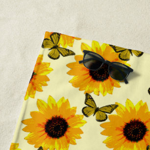 Yellow Oil Painted Sunflowers And Butterflies, Beach Towel