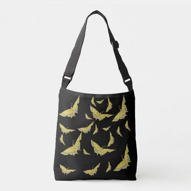 Yellow Old World Swallowtail Butterfly Black Crossbody Bag (Front)