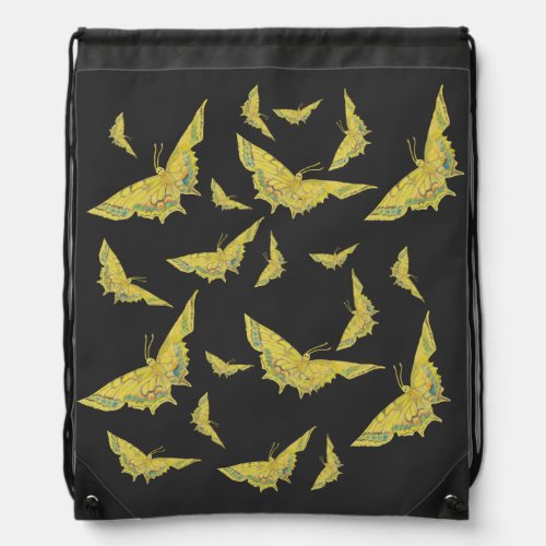 Yellow Old World Swallowtail Butterfly Black Drawstring Bag