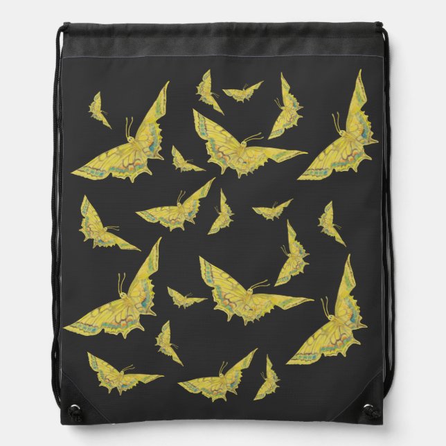 Yellow Old World Swallowtail Butterfly Black Drawstring Bag (Front)