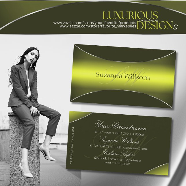 Yellow Olive Green Chic Silver Border and Monogram Business Card (Creator Uploaded)