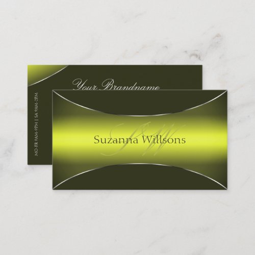 Yellow Olive Green Chic Silver Border and Monogram Business Card