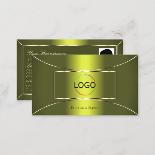 Yellow Olive Green with Gold Decor Logo and Photo Business Card