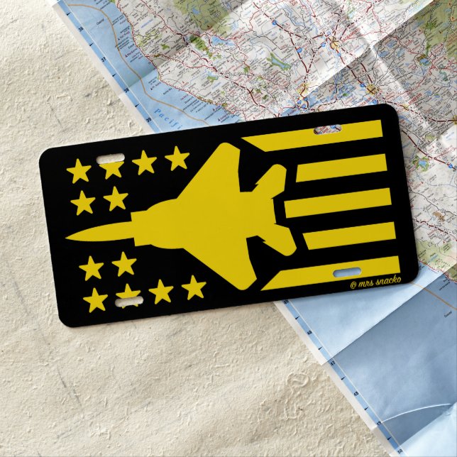 Yellow on Black F-15E Strike Eagle Stars n Stripes License Plate (In Situ)