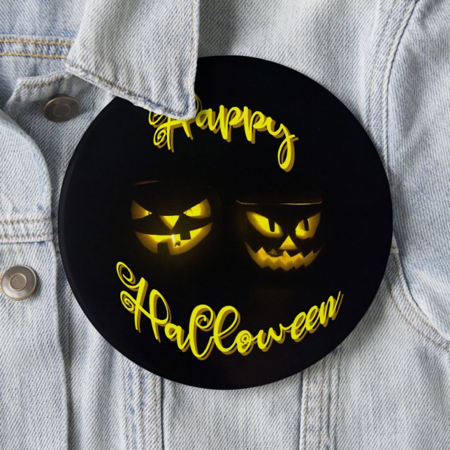 Yellow on black Happy Halloween text pumpkin face Button (In Situ)
