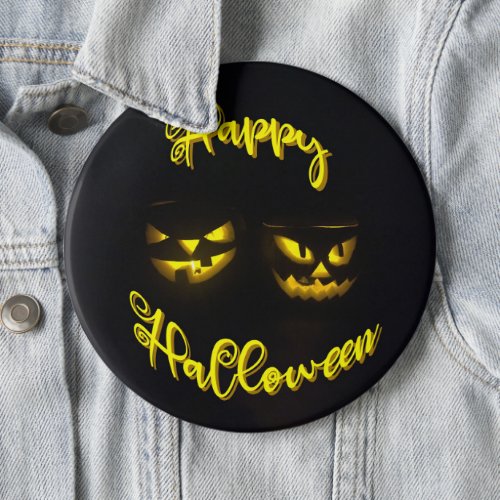 Yellow on black Happy Halloween text pumpkin face Button