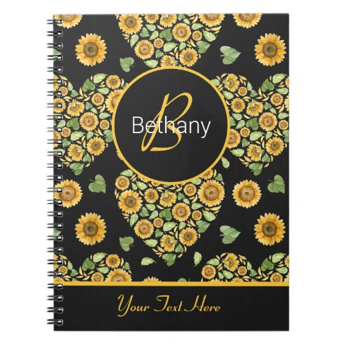 Yellow on black Sunflower and heart monogram Notebook