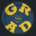 Yellow on Blue Personalized Graduation Paper Plates<br><div class="desc">GRAD in bold yellow lettering curves around the edges of these blue graduation party paper plates - available in 2 sizes. Congratulations above the name of your graduate and the Class of below. The perfect addition to your table decor for upcoming grad parties. **TIP: Click on CUSTOMIZE button; click on...</div>
