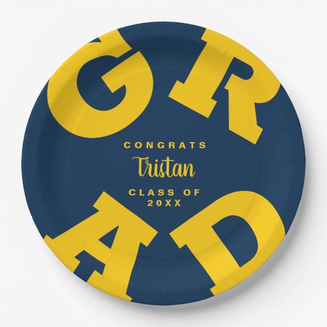 Yellow on Blue Personalized Graduation Paper Plates (Front)