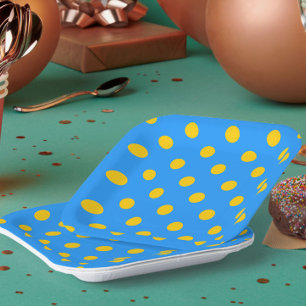 Yellow On Blue Polka Dots Pattern Design Paper Plates