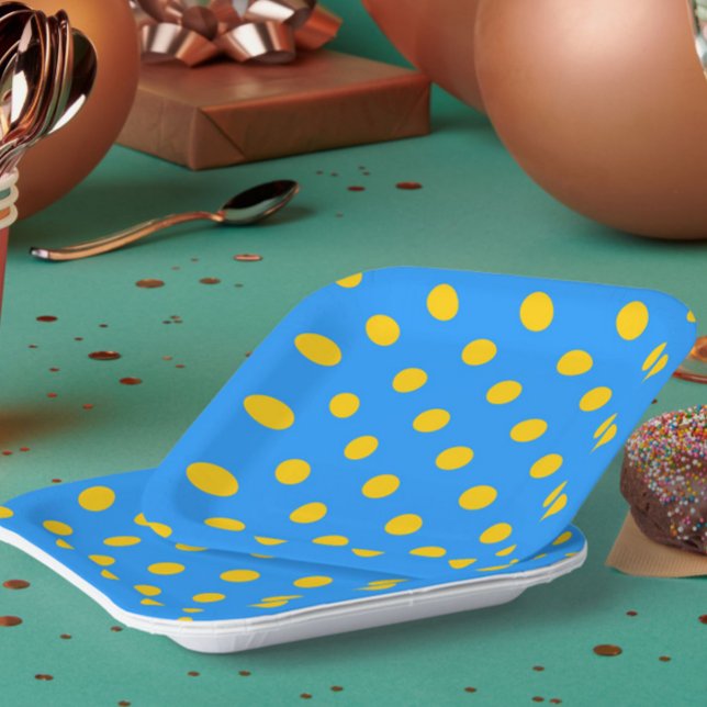 Yellow On Blue Polka Dots Pattern Design Paper Plates (Creator Uploaded)