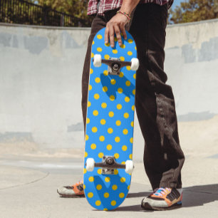Yellow On Blue Polka Dots Pattern Design Skateboard