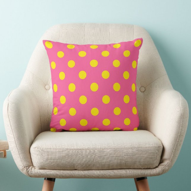 Yellow On Pink Polka Dots Pattern Design Throw Pillow (Creator Uploaded)