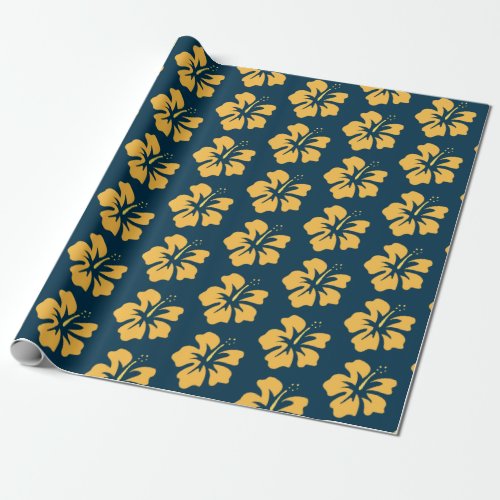 Yellow on Prussian Blue Hibiscus Wrapping Paper