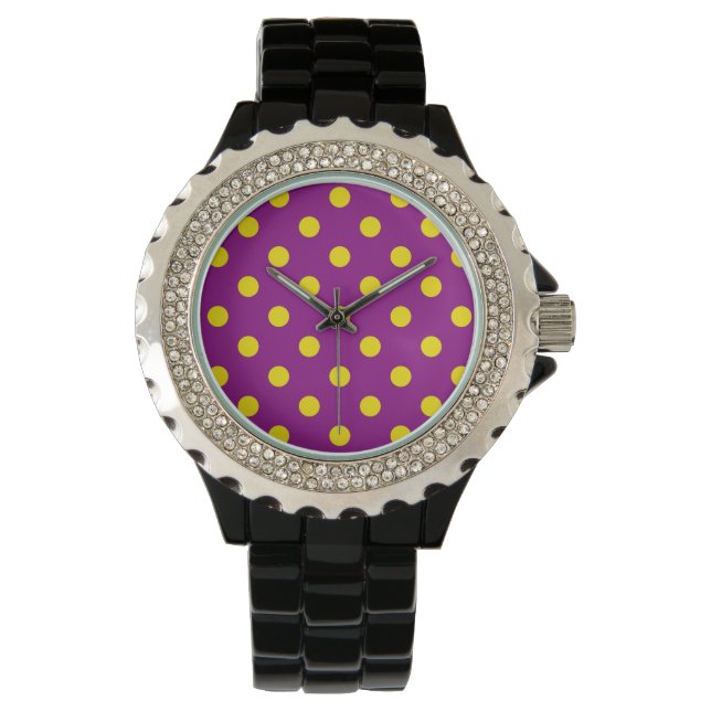 Yellow On Purple Polka Dots Pattern Design Watch (Front)