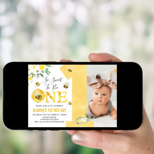 Yellow One Floral Honey Bee First Bee-day Birthday Invitation (Front Digital)