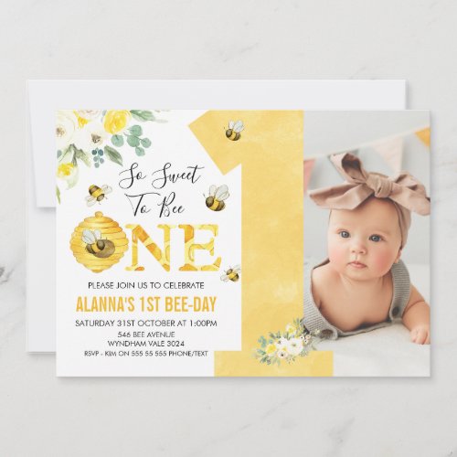 Yellow One Floral Honey Bee First Bee_day Birthday Invitation