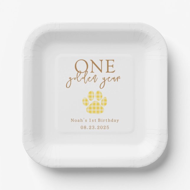 Yellow One Golden Year Retriever Birthday Paper Plates (Front)