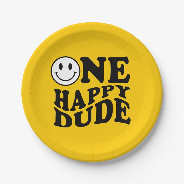 Yellow One Happy Dude | Preppy Smile 1st Birthday  Paper Plates (Front)