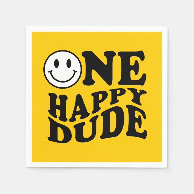 Yellow One Happy Dude Retro Happy Smile Birthday Napkins (Front)