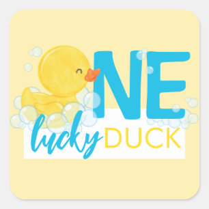 Yellow One Lucky Duck 1st Birthday Party Square Sticker