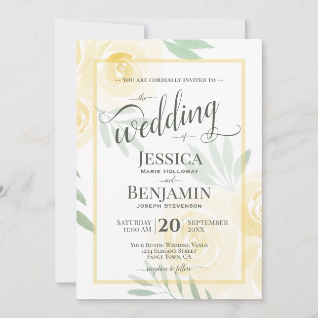 Yellow or Gold Boho Roses Stylish Script Wedding Invitation (Front)