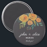 Yellow Orange and Brown Floral Wedding Magnet<br><div class="desc">A part of the A Touch of Yellow Floral Peonies and Roses Collection. This is a classic and elegant wedding magnet designed with yellow orange roses and peonies,  botanical and eucalyptus leaves in a dark brown background. A thank you gift for your guests.</div>