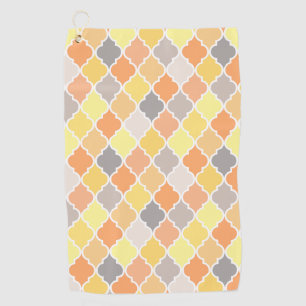 Yellow, orange and gray quatrefoil pattern golf towel