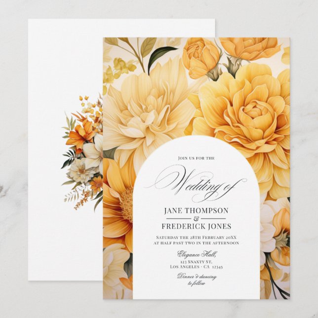 Yellow, Orange and Ivory Floral Wedding Invitation (Front/Back)