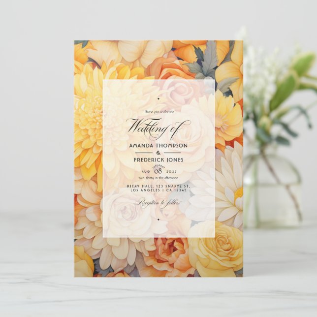 Yellow, Orange and Ivory Floral Wedding Invitation (Standing Front)