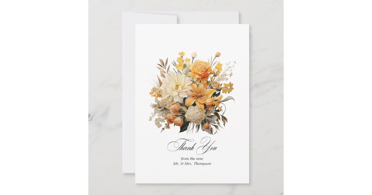 Yellow, Orange and Ivory Floral Wedding Thank You Card | Zazzle