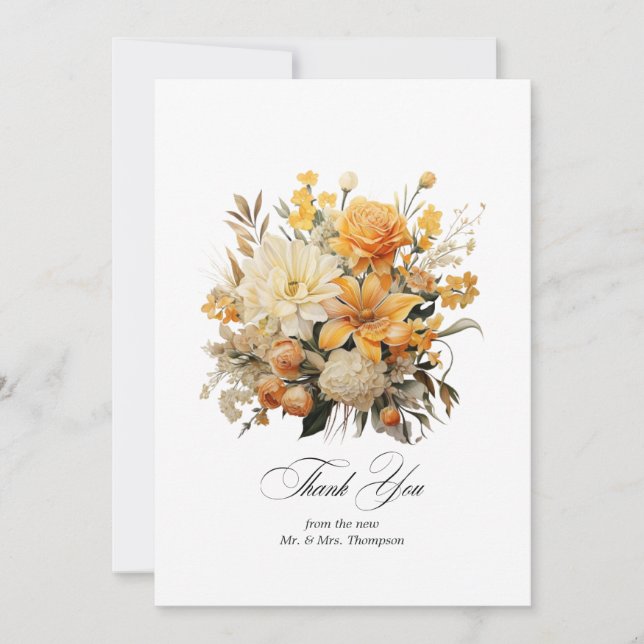 Yellow, Orange and Ivory Floral Wedding Thank You Card (Front)