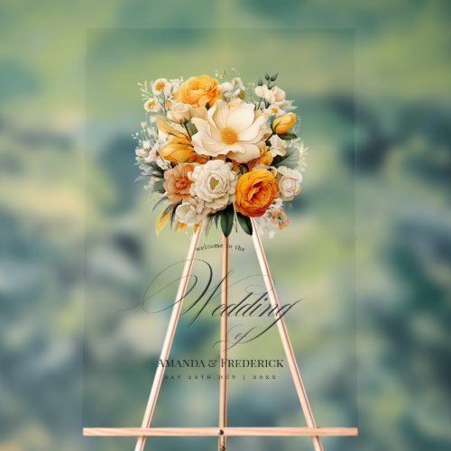 Yellow Orange and Ivory Floral Wedding Welcome Acrylic Sign