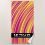 [ Thumbnail: Yellow, Orange and Purple Curved Ripples Pattern Beach Towel ]