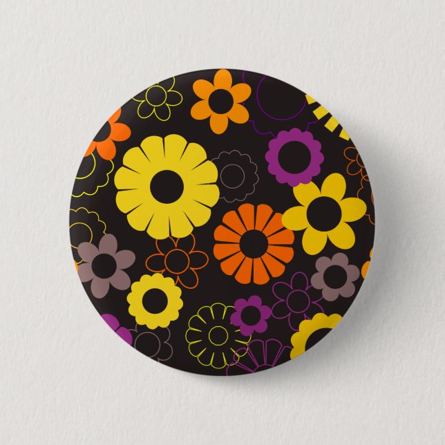 Yellow orange and purple retro flowers button (Front)