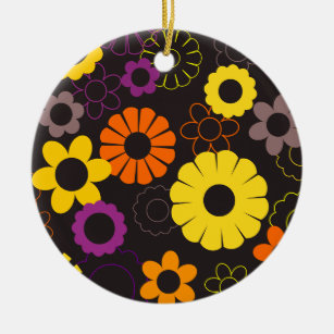 Yellow orange and purple retro flowers ceramic ornament