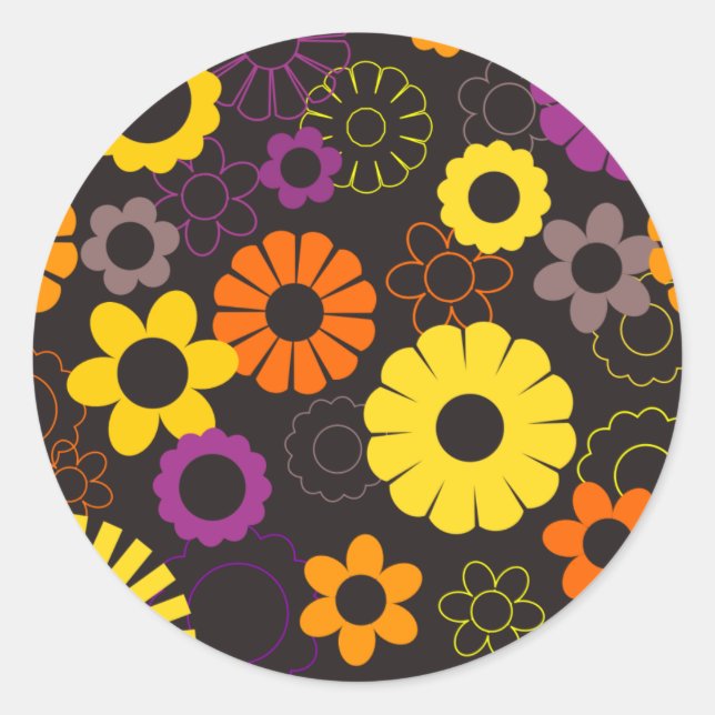 Yellow orange and purple retro flowers classic round sticker (Front)