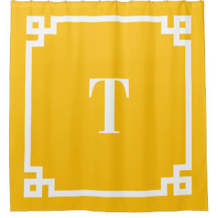Yellow Orange and White Greek Key Simple Monogram Shower Curtain