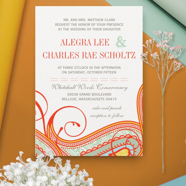 Yellow Orange Aqua Mint Persimmon Paisley Wedding Invitation (Creator Uploaded)
