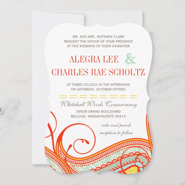 Yellow Orange Aqua Mint Persimmon Paisley Wedding Invitation (Front)
