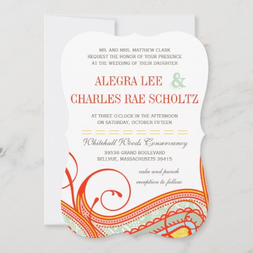 Yellow Orange Aqua Mint Persimmon Paisley Wedding Invitation