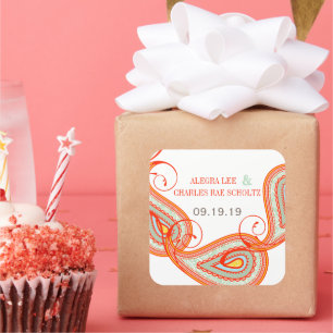 Yellow Orange Aqua Mint Persimmon Paisley Wedding Square Sticker