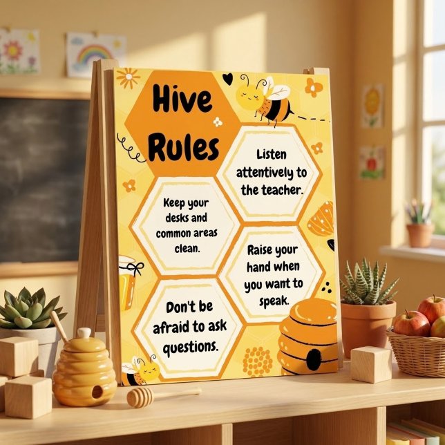 Yellow Orange Bee Theme Classroom Rules Custom  Poster (Yellow Orange Bee Theme Classroom Rules Customizable Teacher Poster)