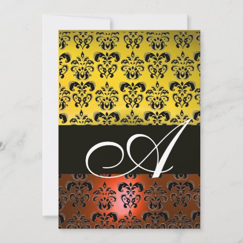 YELLOW ORANGE BLACK DAMASK MONOGRAM bright white Invitation