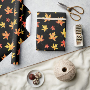 Yellow Orange Black Watercolor Maple Leaf Pattern Wrapping Paper