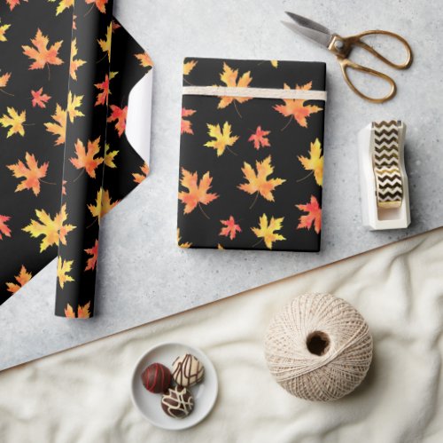 Yellow Orange Black Watercolor Maple Leaf Pattern  Wrapping Paper