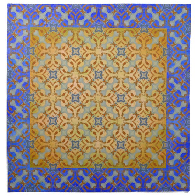 Yellow, Orange, Blue Scrolled Diamond Pattern Cloth Napkin (Front)